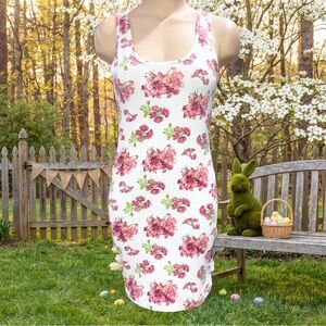 Zenana Outfitters White Pink Floral Stretch Cotton Sleeveless Bodycon Dress Sz S